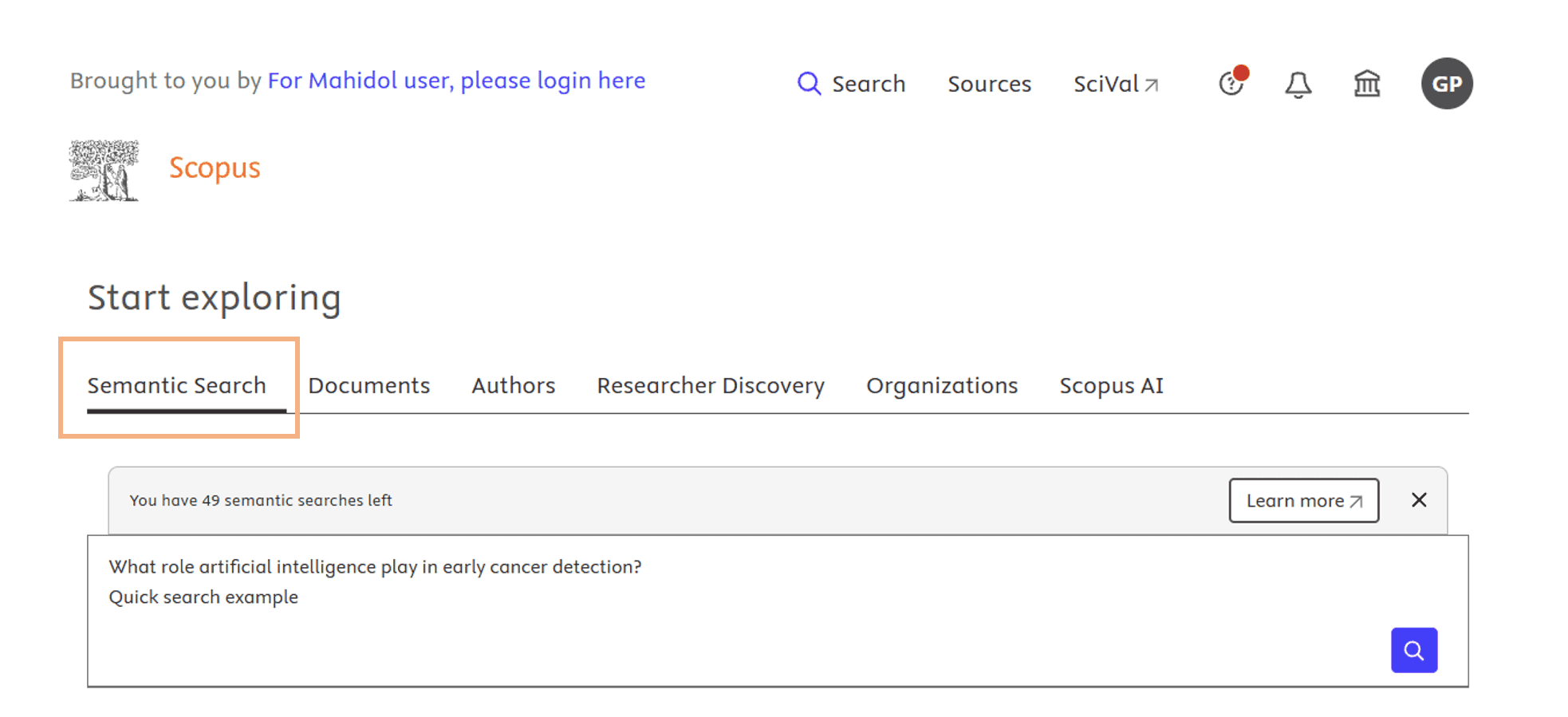 หน้า Semantic Search ใน Scopus