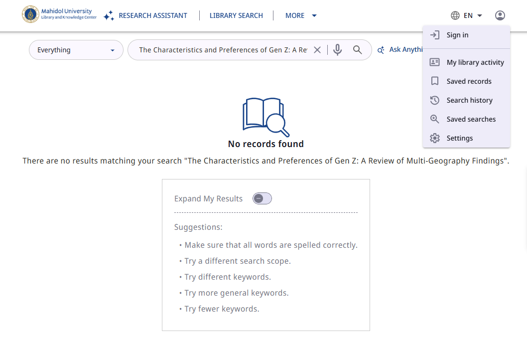 Primo page showing No records found, with the Expand My Results toggle and the Sign in menu open