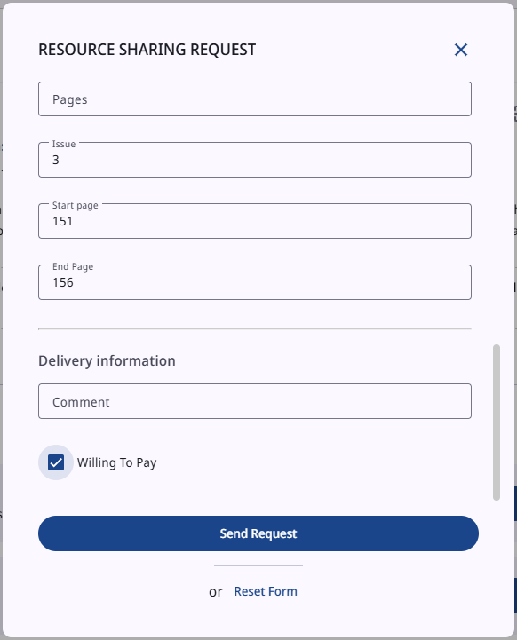 Lower part of the article form with the Willing To Pay checkbox ticked and the Send Request button