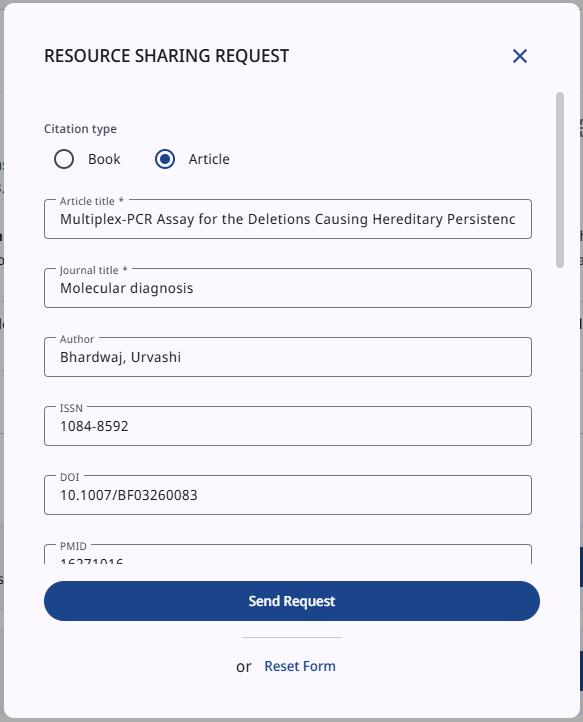 Resource Sharing Request form with the citation type Article and the article details filled in automatically