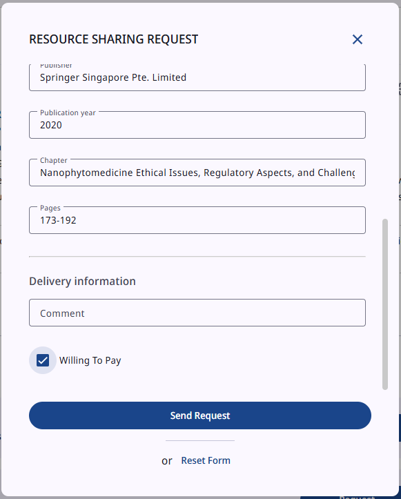Lower part of the book form with the chapter and pages fields, the Willing To Pay checkbox and the Send Request button