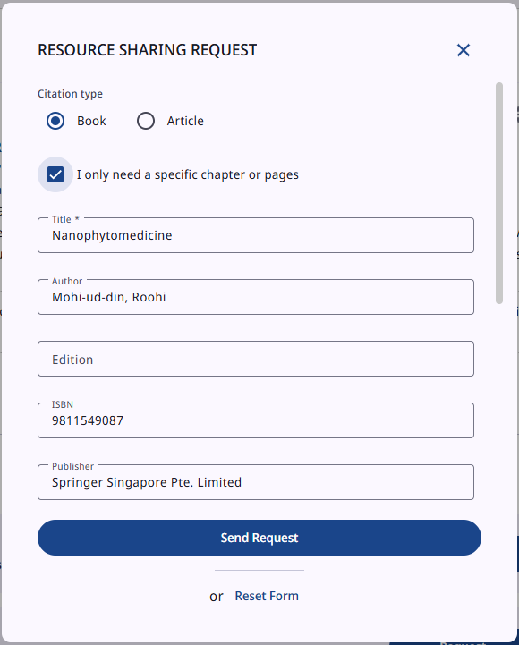 Resource Sharing Request form with the citation type Book and the I only need a specific chapter or pages checkbox ticked